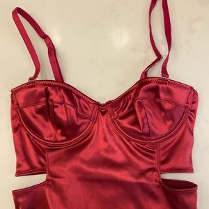 Red Out From Under Cut Out Satin Bustier Bodysuit